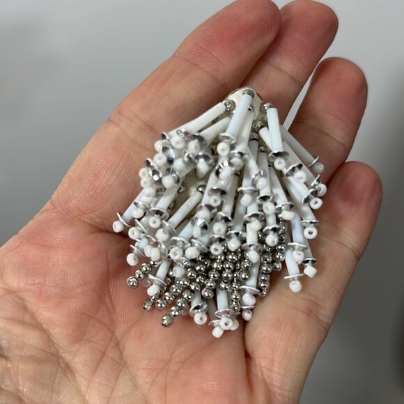 Beaded Diamond Shape Drop Clip On Earrings White Silver - Picture 2 of 4